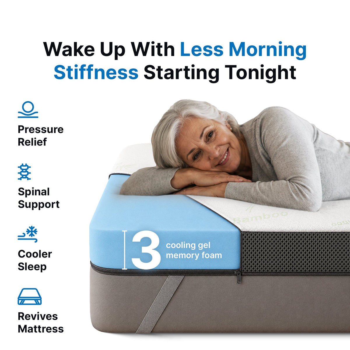 Premium Mattress Topper, 3 Inch Gel Memory Foam – Bamboo Cover, Pressure Relief