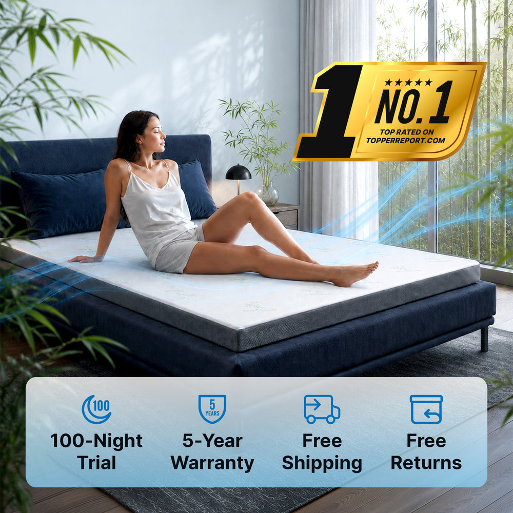 Couple resting comfortably on a bed upgraded with the Dolveo mattress topper